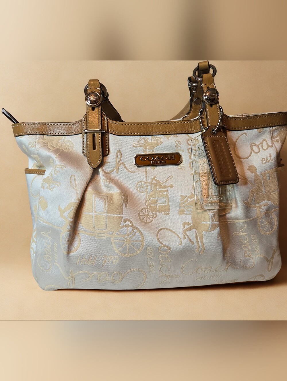 Coach Signature Ivory & Tan Tote Bag 2010 And 2 Bag Charms